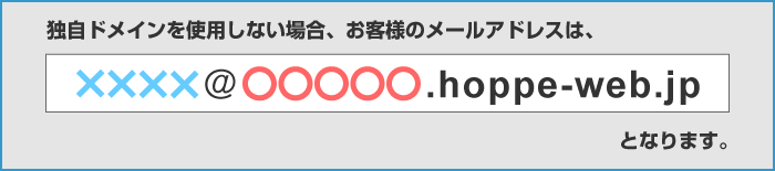 独自ドメインを使用しない場合、お客様のメールアドレスは、「×××××＠○○○○○.hoppe-web.jp」となります。